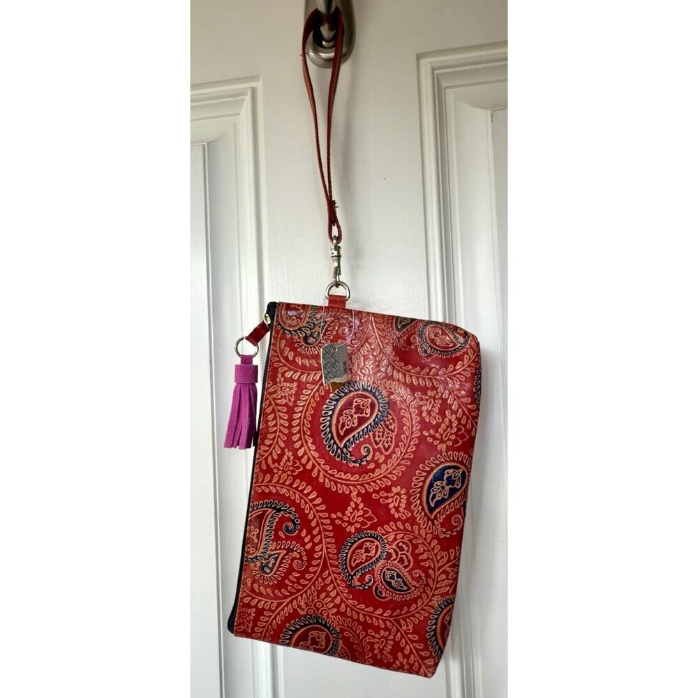 Red Paisley Genuine Leather Tooled Wristlet Zip Pouch Cute Festival Boho